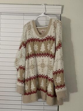 Cozy Beige & Red Holiday Fair Isle Sweater